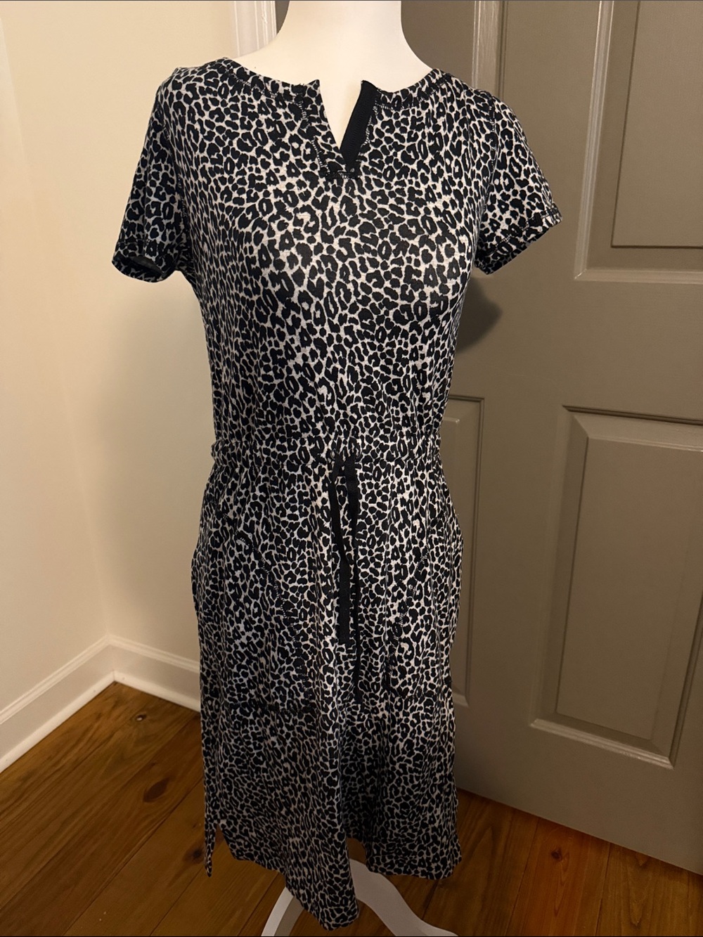 Talbots Women’s Black and White Leopard Print Drawstring Dress